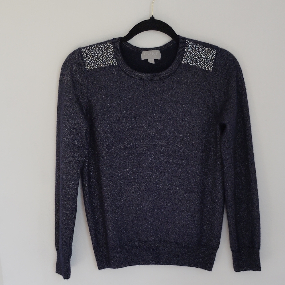 Pure Collection Womens Cashmere Metallic Dark Blue Sweater Size 6 Cozy Holiday